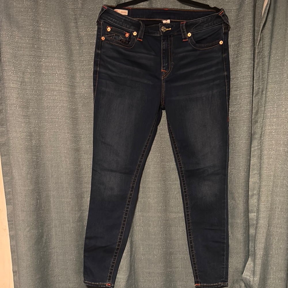 True Religion Women's Skinny Jeans in Dark Blue with Orange Stitching